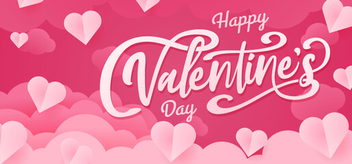 Happy Valentine's day poster banner design. paper cut clouds and heart on pink background. Papercut style for valentine sale header