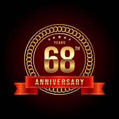 68th Anniversary. Anniversary logo design with gold color text and red ribbon for anniversary celebration event. Logo Vector Illustration