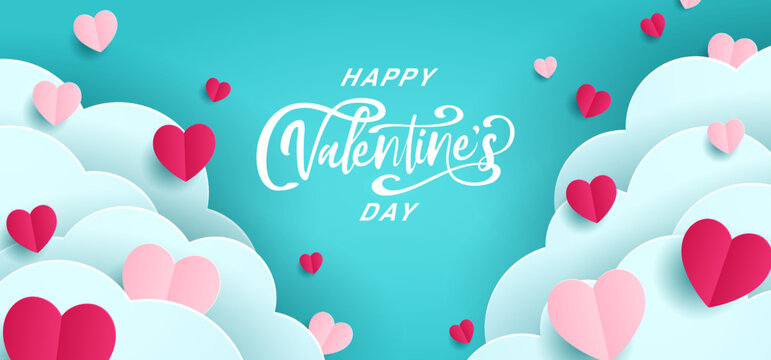 Happy Valentine's day poster banner design. paper cut clouds and heart background. Papercut style for valentine sale header