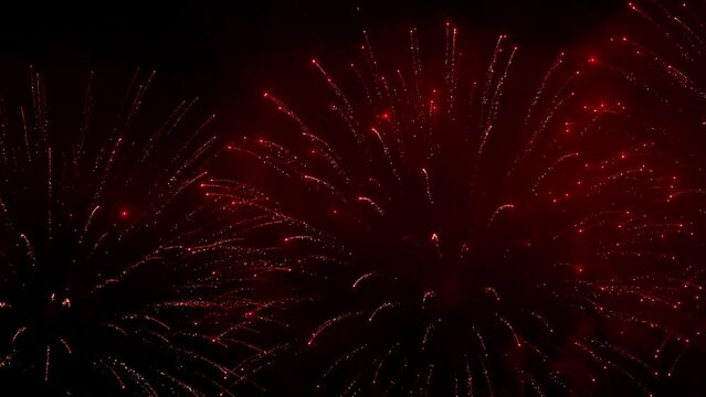 Colorful fireworks festival. Beautiful fireworks close-up view in slow motion. Wonderful real fireworks in the night sky shot with a telephoto lens. fireworks show. 4K slow motion video.
