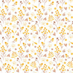 Watercolor seamless pattern with berries, flowers and leaves. Hand drawn illustration. Floral background