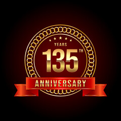 135th Anniversary. Anniversary logo design with gold color text and red ribbon for anniversary celebration event. Logo Vector Illustration