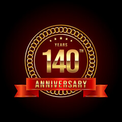140th Anniversary. Anniversary logo design with gold color text and red ribbon for anniversary celebration event. Logo Vector Illustration
