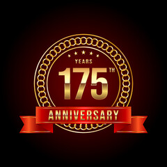 175th Anniversary. Anniversary logo design with gold color text and red ribbon for anniversary celebration event. Logo Vector Illustration