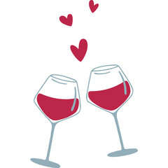 Two glasses of red wine and hearts. Concept of romantic date. Hand drawn vector illustration.