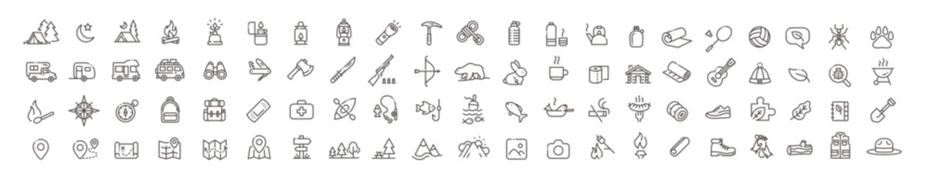 Outdoor Camping - 84 Icon Set Pack. Forest, Outdoor, Adventure, Wild, Survival, Journey, Explorer, Bear, Forest, Bear, Camping Car, Holiday, Icon, Vector, Tent, Lamp, Barbecue.