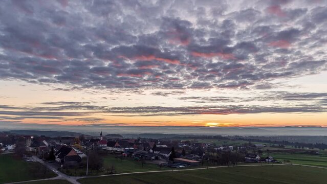 sunrise timelapse at Dürrenmettstetten village in swabia germany with colorful sky