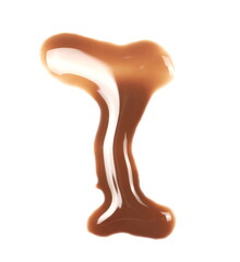 Spilled chocolate milk puddle in shape letter I isolated on white background, top view