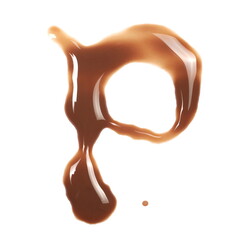 Spilled chocolate milk puddle in shape letter P isolated on white background, top view