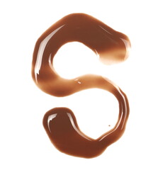 Spilled chocolate milk puddle in shape letter S isolated on white background, top view