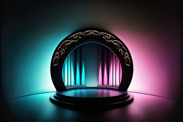 An elegant glamorous empty reflective small round theatre stage backdrop with pink and blue retro ambient lights, Generative AI