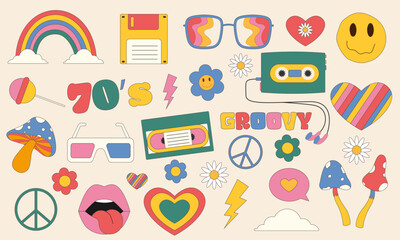 Big set of items 70s. Retro icons in trendy 70s style. Vector icons: lips,video cassette,heart,daisy,flower, 3d glasses,lollipos,rainbow,smile face,mashrooms.Vector illustration