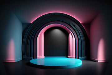 An elegant empty round stage backdrop with pink and blue retro ambient lights, Generative AI