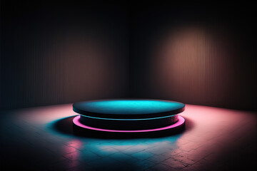 An empty round stage backdrop with pink and blue retro ambient lights and copy space on dark wenge wooden wall corner, Generative AI