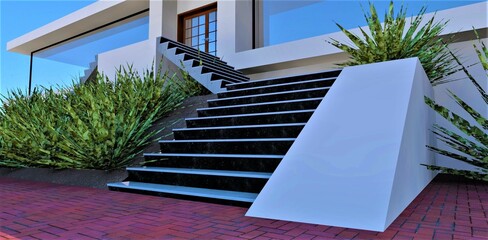 Design of the staircase of the porch with lot of plants. White facade. Large heat-saving windows. 3d rendering.