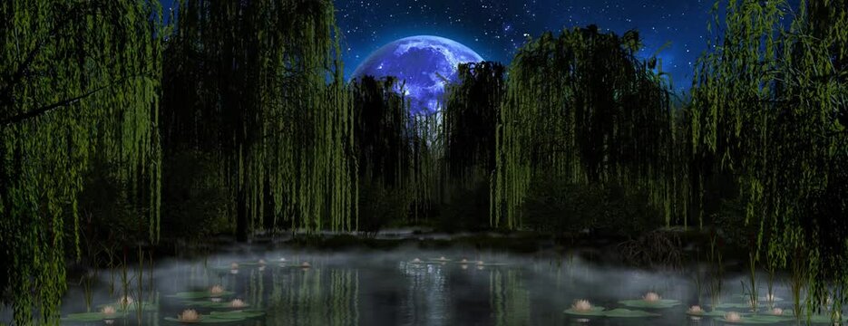 Magic lake surrounded by weeping willows with blue sky and small waves in the lake. Seamless 3D render