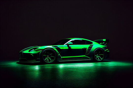  Modern green sports car on a black background.  Generative AI.