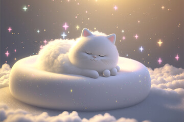 Illustration of a cat sleeping in a dreamy scenario, with a 3d feeling - Created with Generative AI Technology