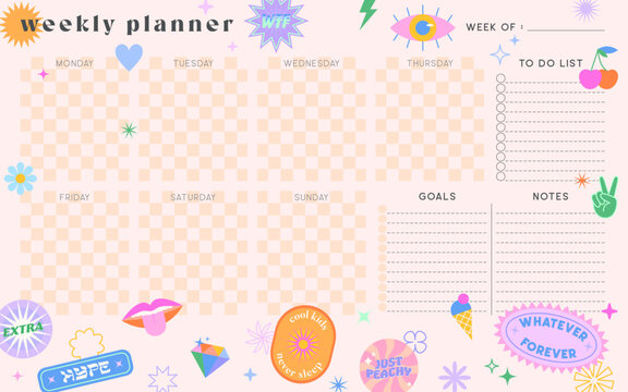 Vector weekly planner template with y2k patches,icons and emblems.Organizer and schedule with place for notes,goals and to do list.Trendy layout in 90s groovy aesthetic.Abstract modern design.