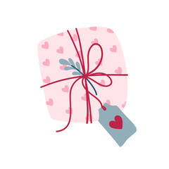 Gift box packaged with pink heart pattern paper, string, plant and label. Romantic present. Flat style single vector illustration isolated on white.
