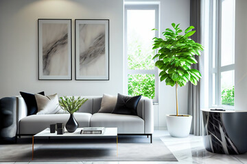 Luxurious interiors of a modern living room.  Generative AI.