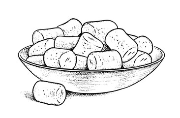 Vector sketch icon illustration of Marshmallows. Vintage style drawing isolated on white background.