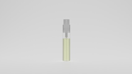 Small plastic transparent bottle for perfume with liquid isolated on white background. Cosmetic concept. 3D render