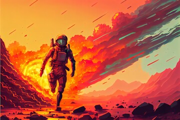 Obraz na płótnie Canvas Futuristic soldier runs against the background of an explosion