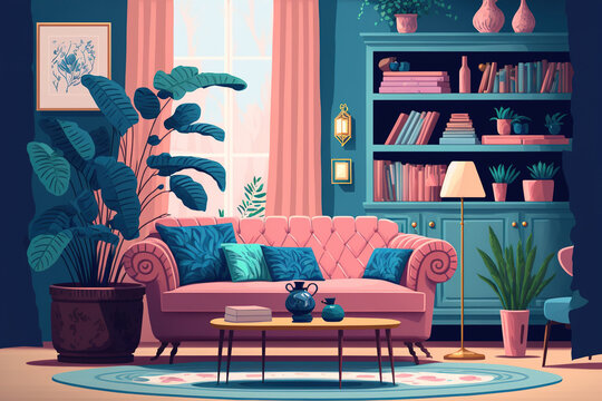 Pink And Blue Living Room Decor With Comfortable Furnishings. Flat Illustration. Generative AI