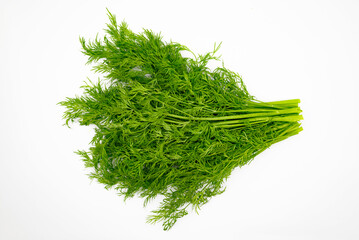 Fresh green dill, close-up on a white background top view