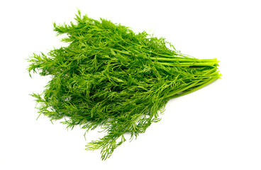 Fresh green dill, close-up on a white background top view