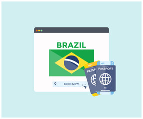 Online booking service on web browser site, trip, travel planning country Brazil national flag logo design. Online reservation of plane tickets. Concept for website vector design and illustration.