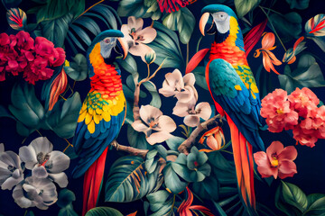 Pattern with beautiful parrots and tropical leaves. Birds background. Generative AI.