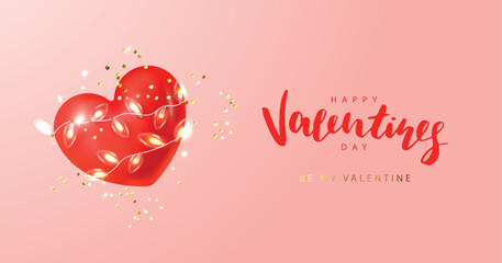 Happy Valentine's Day card. Vector illustration with 3D red heart and garland. Holiday background for postcard, banner, poster and other design