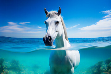 Plakat Portrait of a horse on a blue sea background. Generative AI.