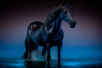  Portrait of a  horse  on a blue sea background.  Generative AI.