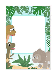 Baby dinosaurs cartoon photo frame. Dino photo booth prop for party, selfie concept, poster. Cute T-Rex, triceratops and Brachiosaurus on tropical background. Flat style Vector illustration.