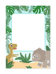 Dinosaur party photo booth prop. Cartoon selfie concept with cute baby dinosaurs and tropical background. Flat style photo frame with cute T-rex and triceratops. Vector illustration. 