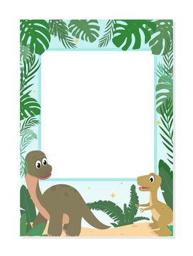 Baby Dinosaur party photo booth prop. Cartoon selfie concept with cute dinosaurs and tropical background. Flat style photo frame with cute T-rex and Brachiosaurus. Vector illustration. 
