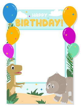 Dino party photo booth prop for Birthday celebration. Cartoon selfie concept with cute dinosaurs and colorful balloons. Photo booth props with tropical background. Flat style Vector illustration.
