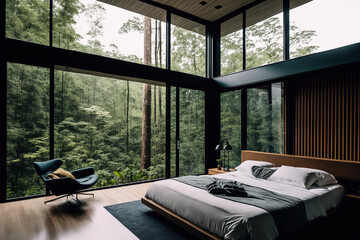 modern bedroom with views of the outdoors Image. There are sizable windows that look out over the forest and surrounding landscape. Generative AI
