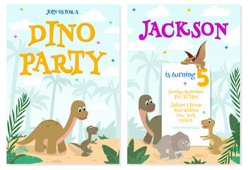Dino party invitation design template. Kids Birthday celebration colorful greeting card set with baby T-rex, triceratops and Brachiosaurus on cute cartoon tropical background. Vector illustration 
