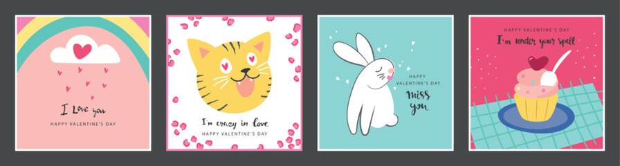 Set of Valentines Day cards with cute hand drawn elements.Vector illustration for postcards,posters, coupons, promotional material.