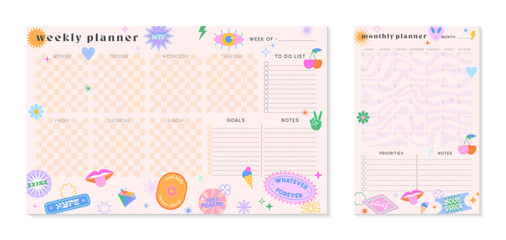 Fototapeta na wymiar Vector weekly and monthly planners templates with y2k patches,icons and emblems.Organizer and schedule with place for notes;goals,to do list.Trendy layouts in 90s groovy aesthetic.