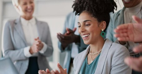 Applause, celebration and business woman with good news, achievement or job promotion in the office. Happy, wow and professional employee from Mexico with success celebrating with support from team.