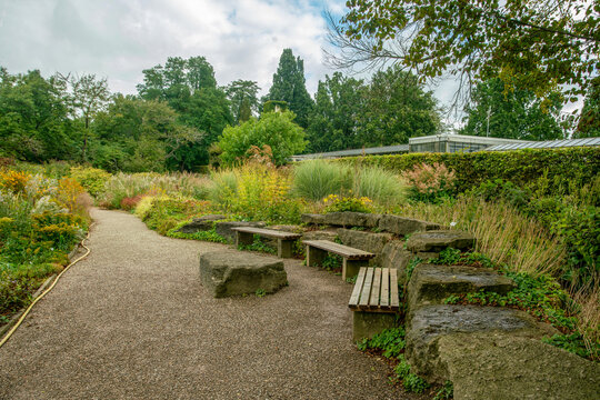 Garden path and place fore rest (benches and stone-table for lunch)  in Botanical garden in Hanover