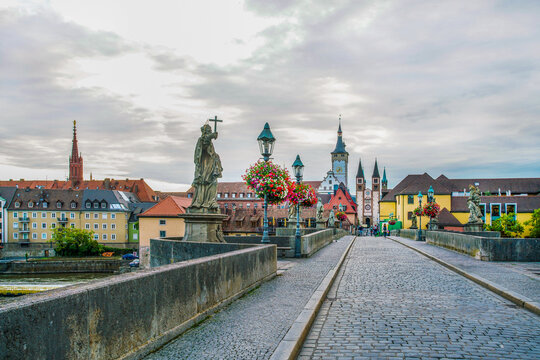 Old main bridge  and panorama of medieval Wurzburg town  through river Main