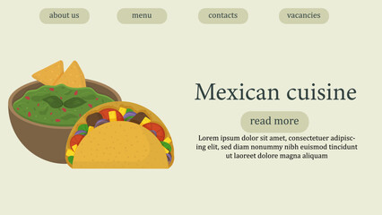 Mexican restaurant web page template. Illustration of guacamole with chips and tacos.