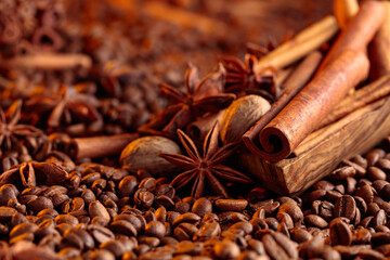 Roasted coffee beans with cinnamon sticks, anise, and nutmeg.