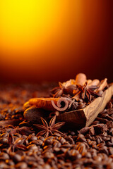 Roasted coffee beans with cinnamon sticks, anise, and nutmeg.